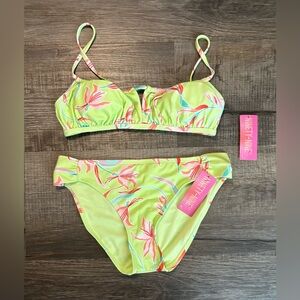 Lime Green Floral Bikini Set; Top Size Small, Bottoms Size Medoum